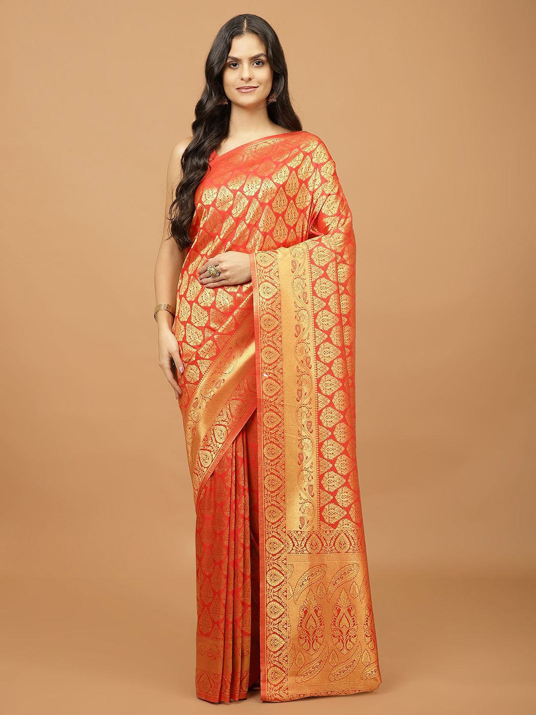 

Meena Bazaar Ethnic Motifs Woven Design Zari Saree, Red