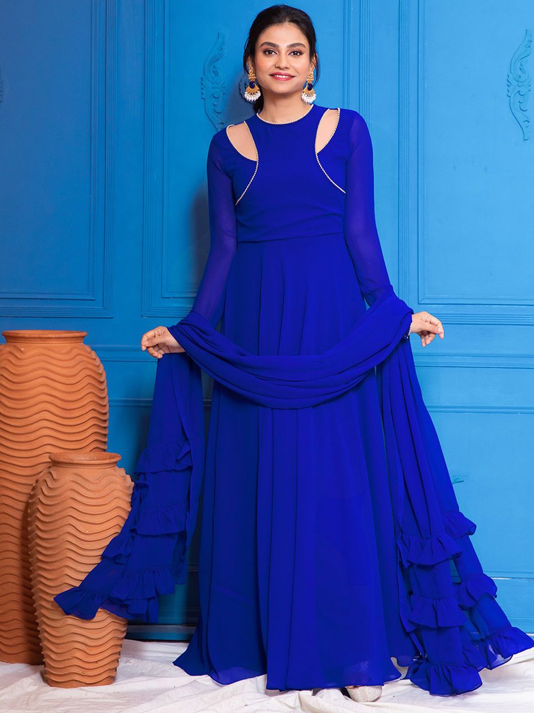 

NUD Stylised Neck Gotta Patti Long Sleeves Georgette Anarkali Kurta, Blue