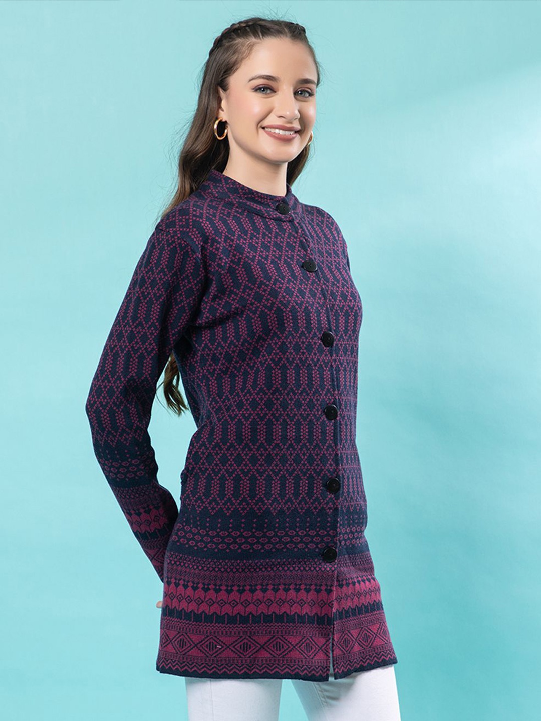 

Anouk Women Navy Blue Long Sleeves Button Closure Cardigan Sweaters