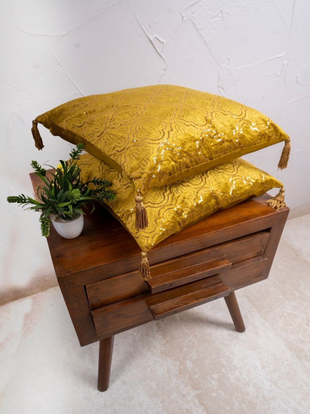 

homewards Mustard 2 Pieces Embellished Velvet Square Cushion Covers