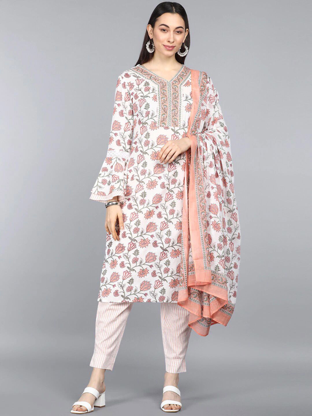 

KALINI Floral Printed V-Neck Pure Cotton Kurta with Trouser & Dupatta, Off white