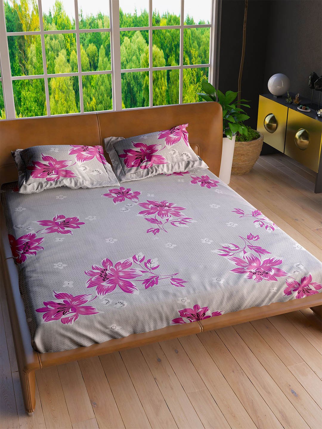 

LABHAM Pink & Grey Floral Cotton 160 TC King Bedsheet with 2 Pillow Covers