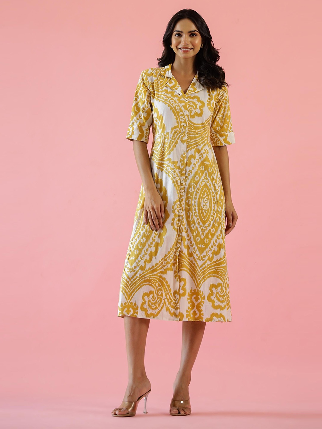 

FLAVIA CREATION Women Ethnic Motifs Printed A-Line Midi Dress, Mustard