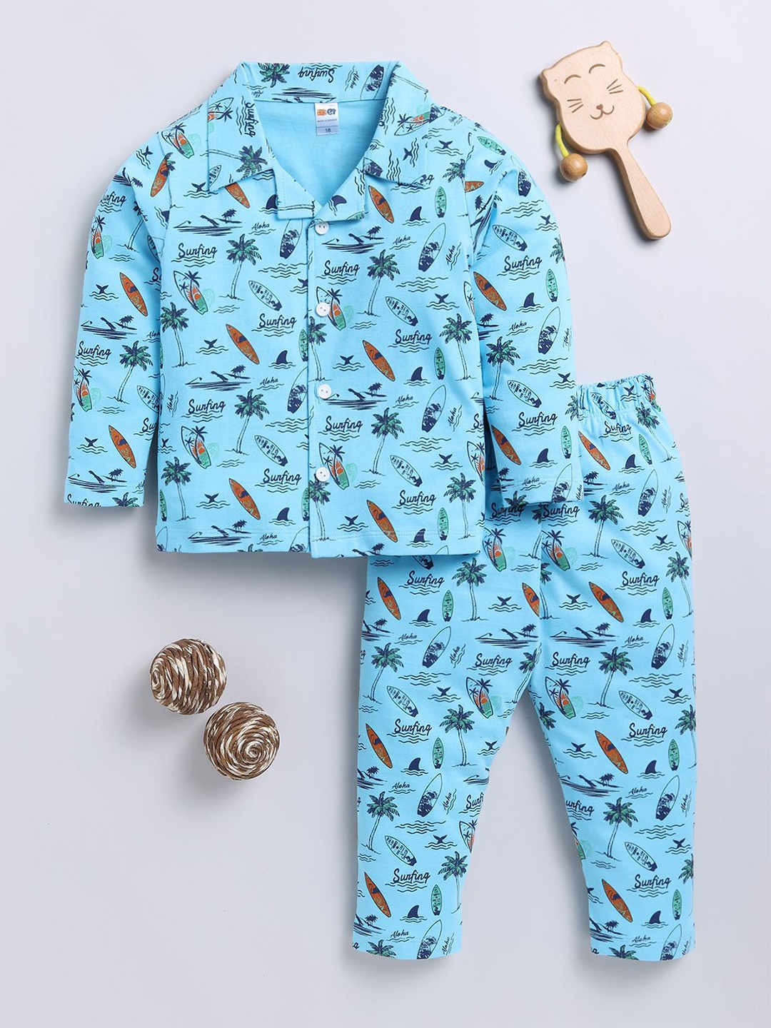 

LITTLE NINJA Boys Conversational Printed Pure Cotton Shirt with Pyjama, Blue
