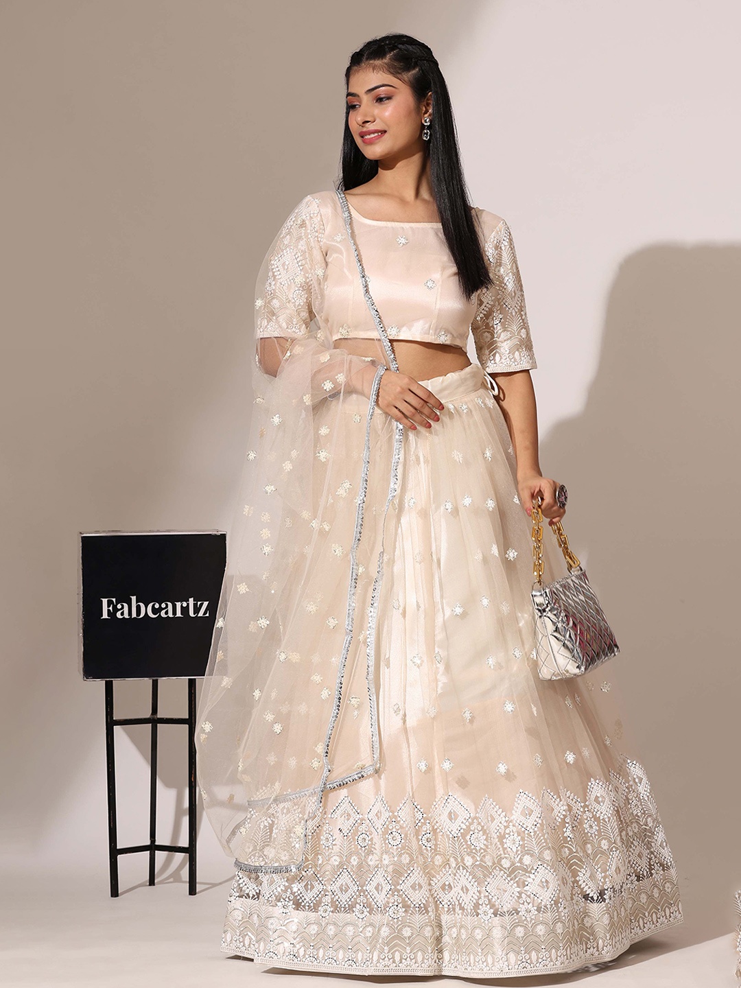 

Fabcartz Embroidered Sequinned Semi-Stitched Lehenga & Unstitched Blouse With Dupatta, Beige