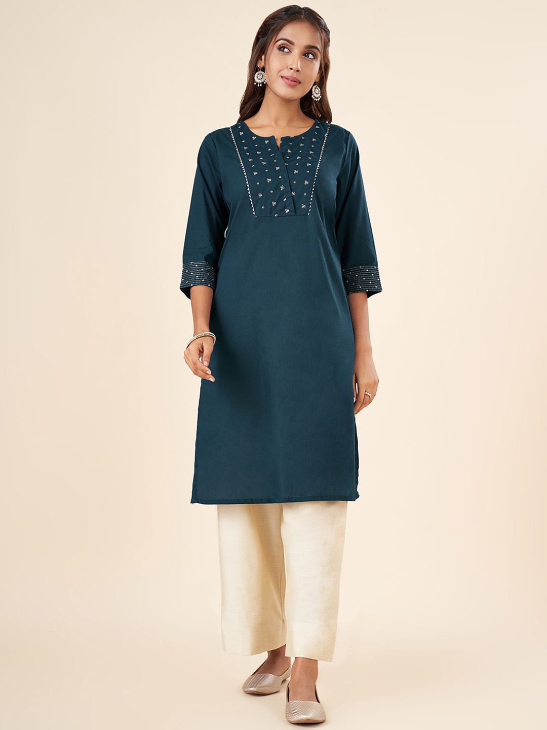 

RANGMANCH BY PANTALOONS Printed Cotton Straight Kurta, Navy blue