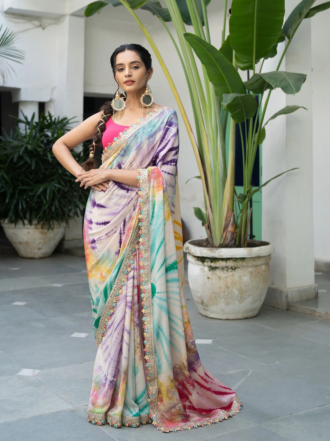 

Krimmple Tie and Dye Mirror Work Pure Cotton Saree, White