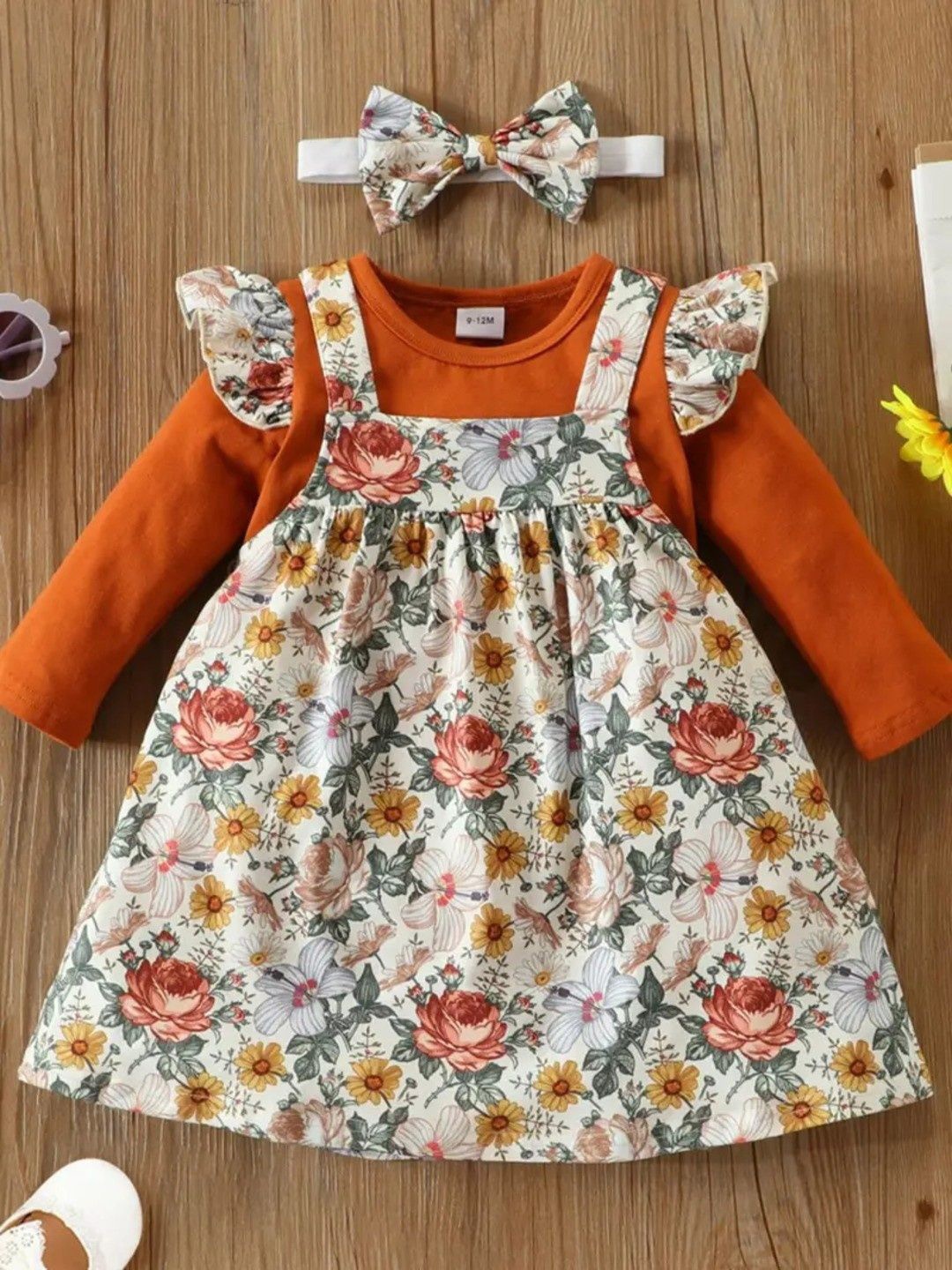 

BAESD Girls Floral Print Pinafore Dress with Top & Headband, Orange