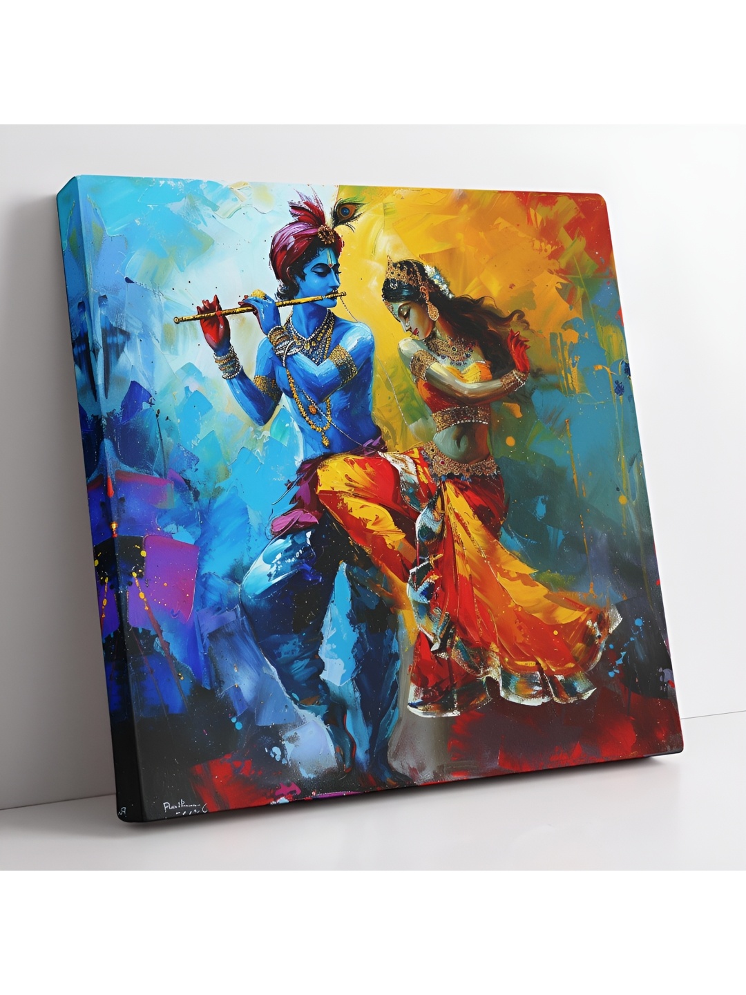 

SAF Blue & Red Wooden Shree Radhe Krishna Religious Wall Paintings