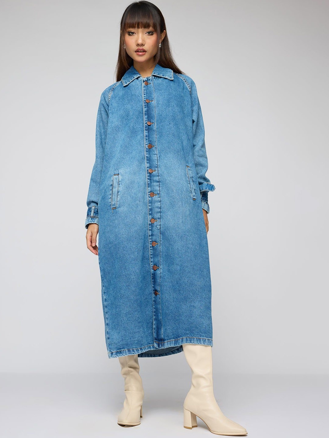 

FREAKINS Women Single Breasted Denim Trenchcoat, Blue