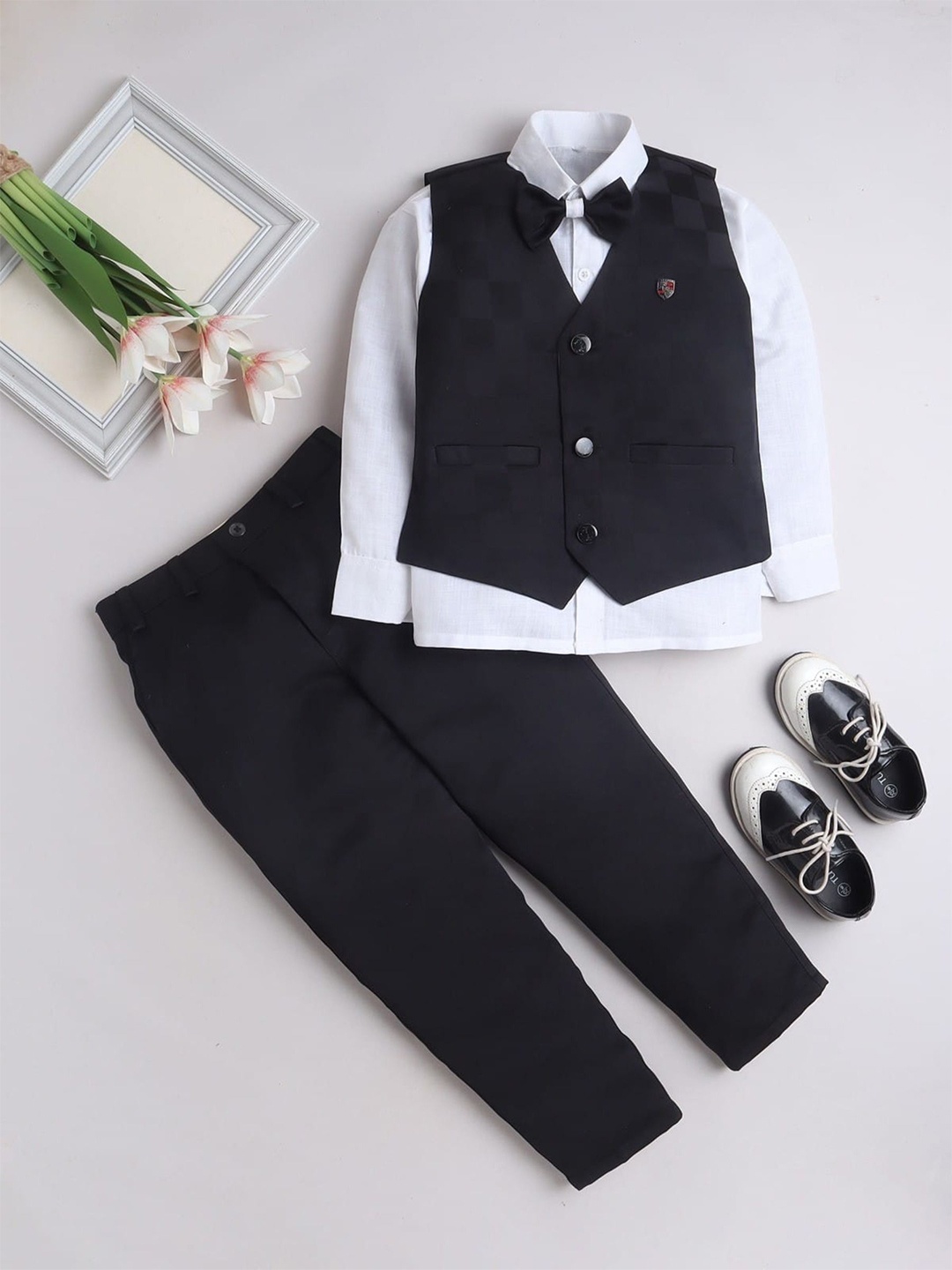 

FOURFOLDS Boys Self Design Checked Waistcoat and Trouser and Shirt with Bow Tie, Black