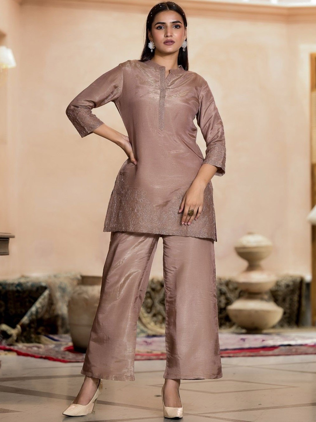 

AUTUMN LANE Irene Caramel Embroidered Cotton Silk Tunic With Trousers, Brown