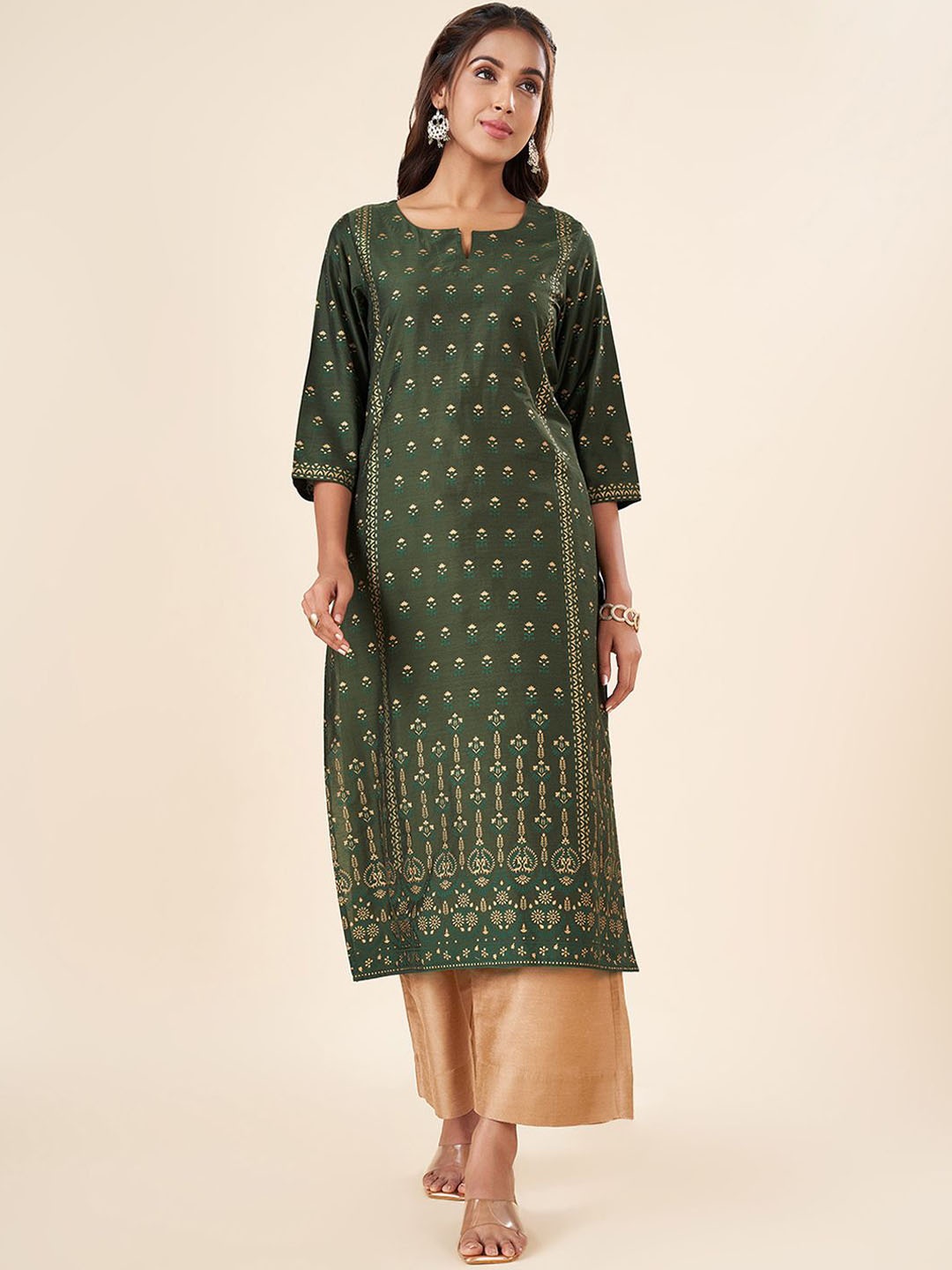 

RANGMANCH BY PANTALOONS Ethnic Motifs Printed Notch Neck Straight Kurta, Green