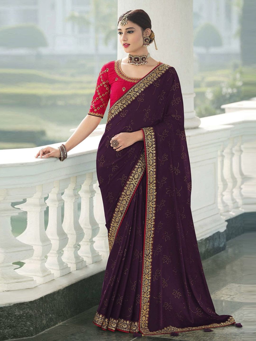 

Krimmple Floral Sequinned Pure Georgette Fusion Saree, Purple