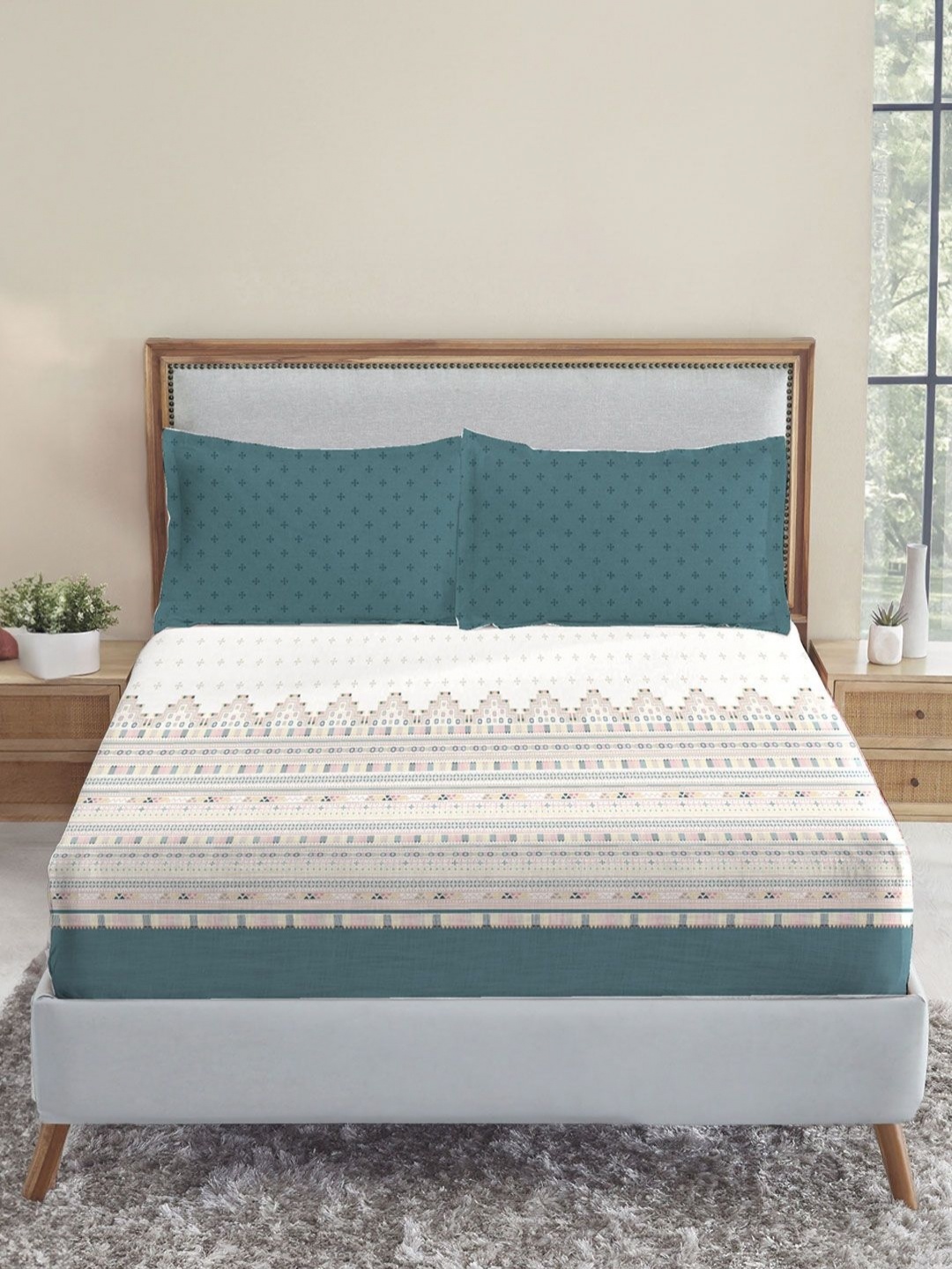 

MYTRIDENT Shisha Bharat Teal Sanskriti Flat 144TC King Cotton Bedsheet Set