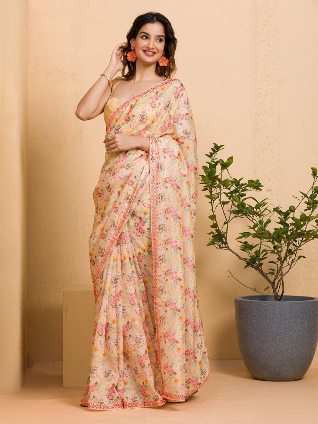 

Krimmple Floral Mirror Work Pure Cotton Saree, Peach