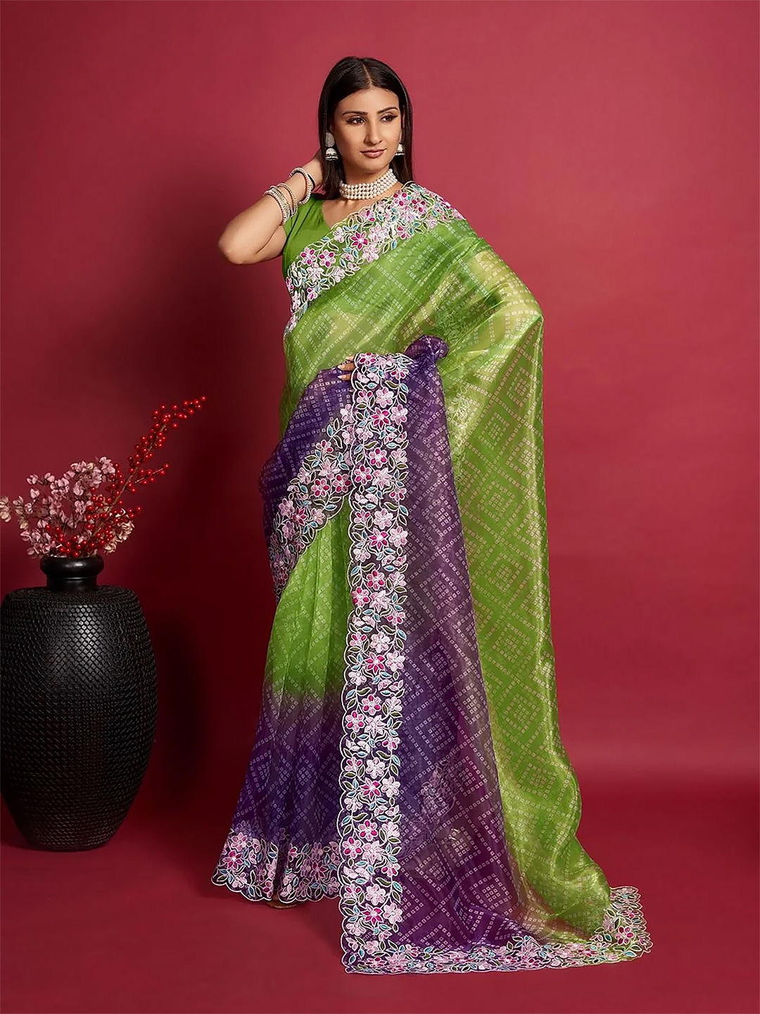 

Anouk Bandhani Printed Embroidered Organza Saree, Green