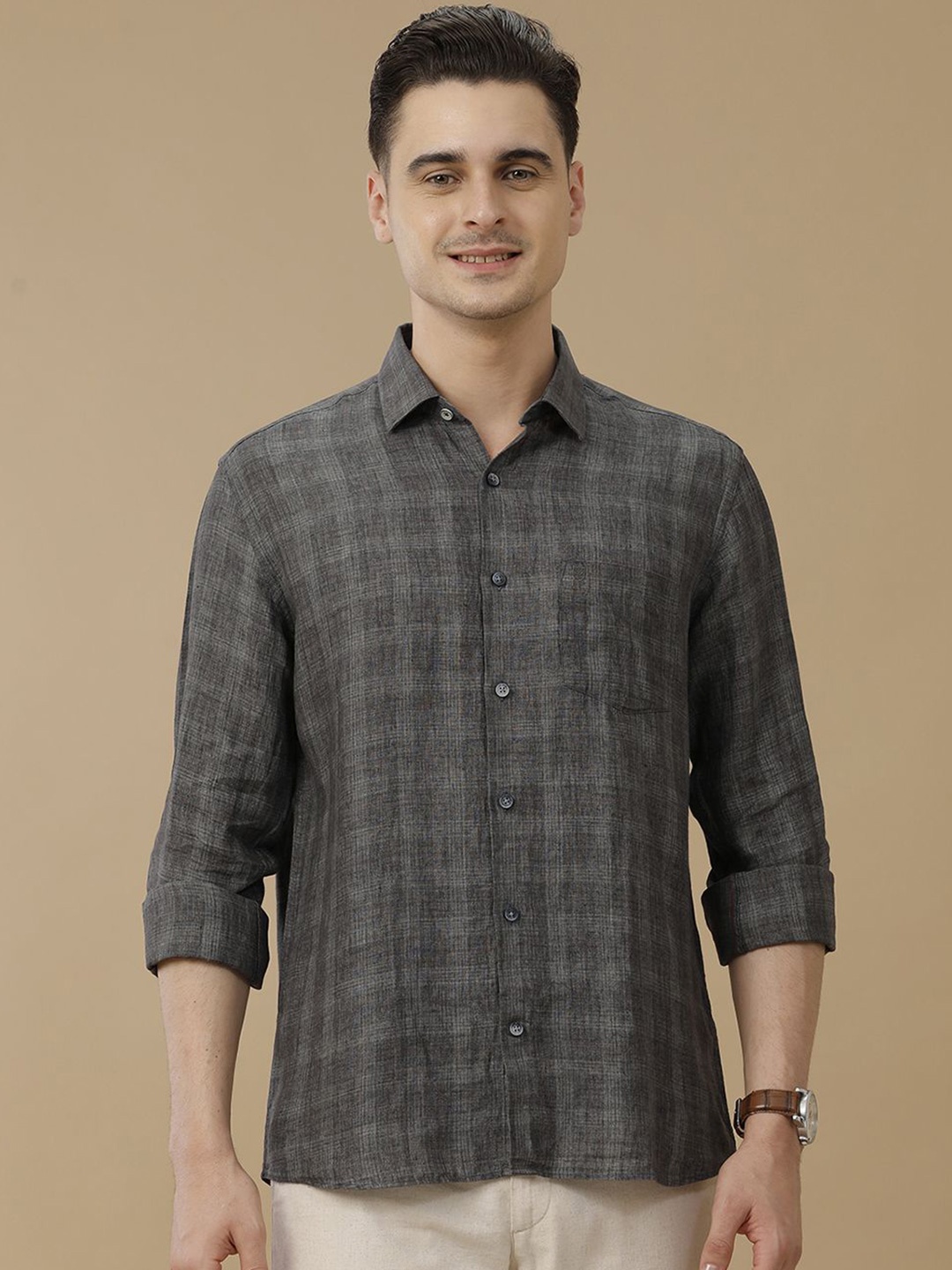 

Linen Club Men Contemporary Spread Collar Tartan Checked Slim Fit Casual Shirt, Grey