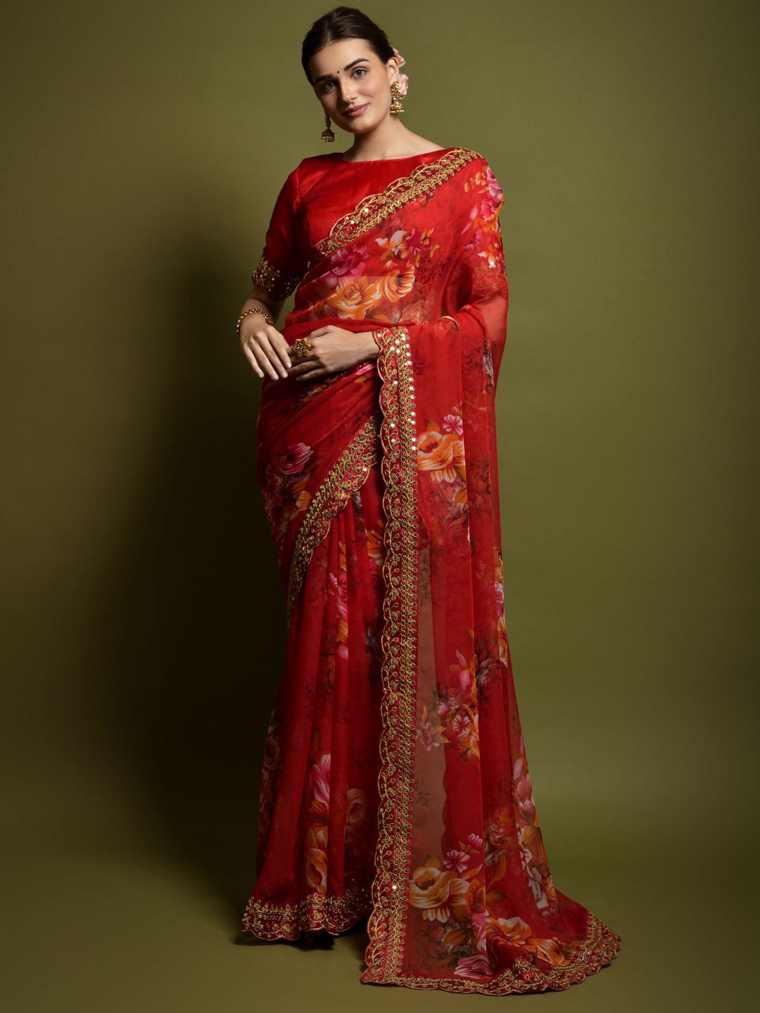 

Krimmple Floral Sequinned Pure Georgette Saree, Red