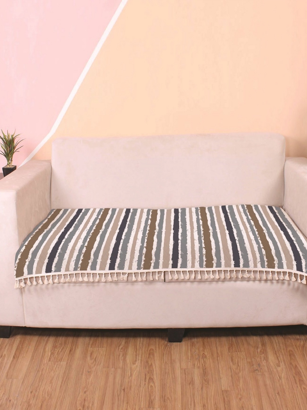 

STITCHNEST Teal Blue & White Striped Velvet 2 Seater Anti Slip Sofa Cover