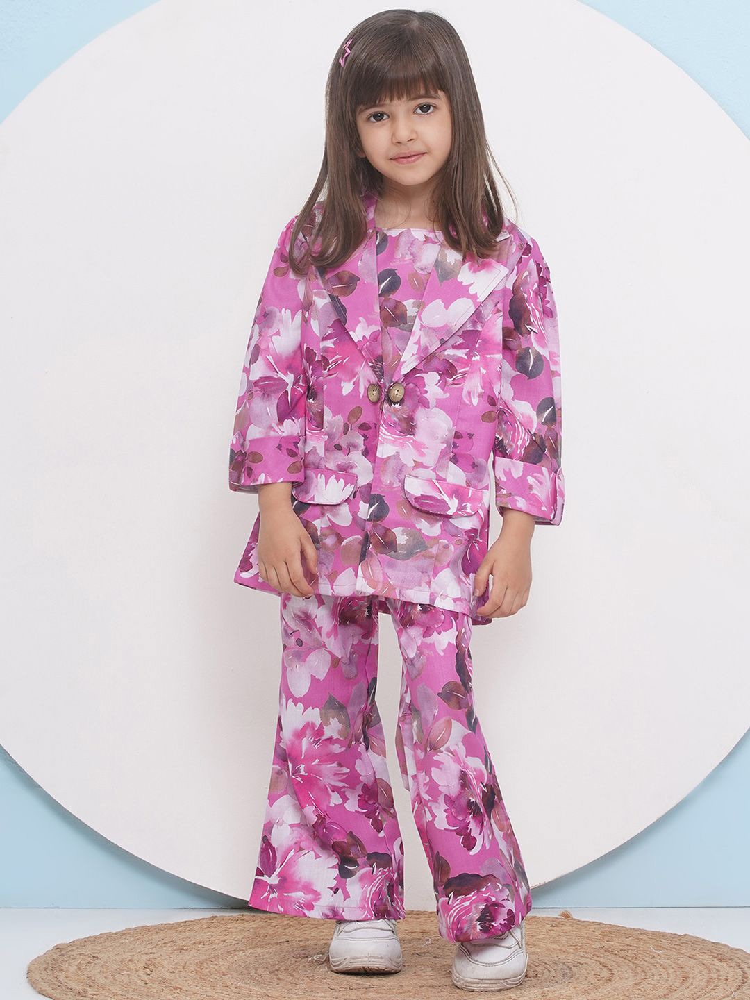 

Aj DEZInES Girls Floral Printed Pure Cotton Top & Trousers With Blazer, Purple