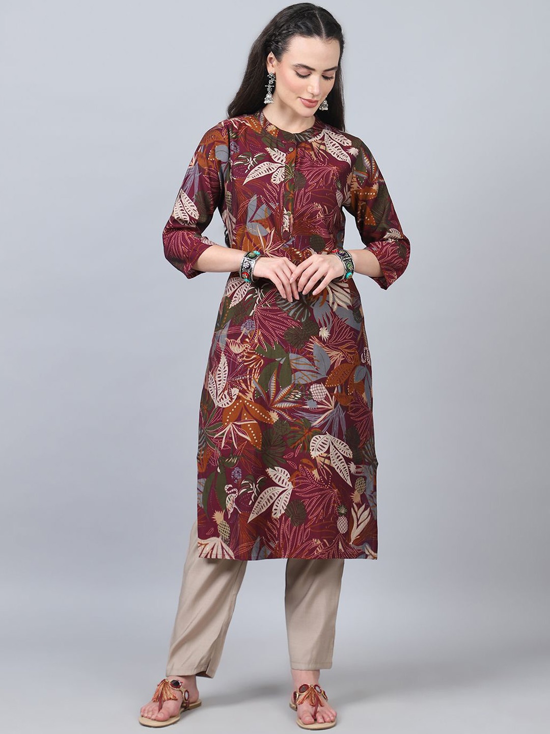 

FLAMBOYANT Ethnic Motifs Printed Mandarin Collar Chanderi Silk Kurta With Trousers, Maroon