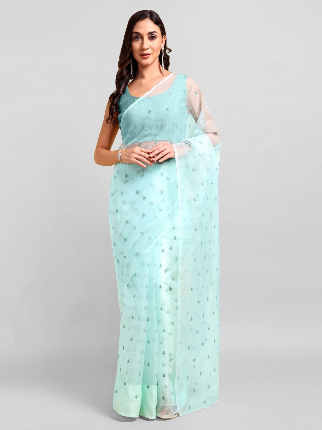 

DOERAA Ethnic Motifs Embroidered Saree, Sea green