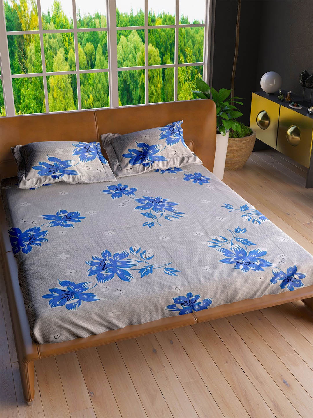 

LABHAM Blue & Grey Floral Cotton 160 TC King Bedsheet with 2 Pillow Covers