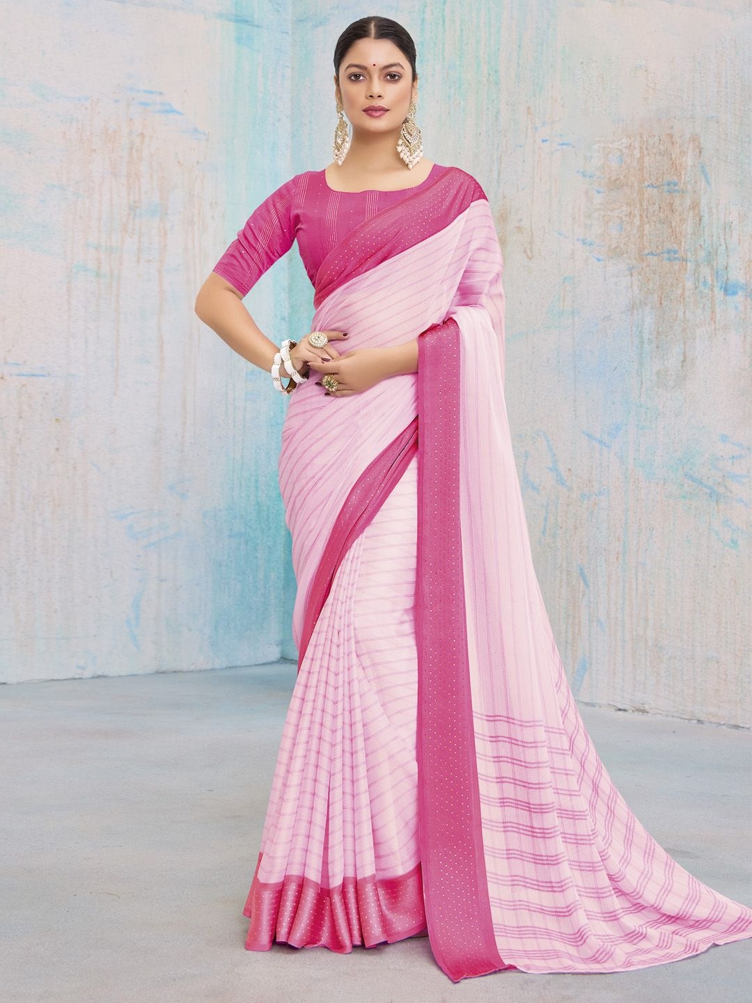 

Anouk Striped Embellished Saree, Pink