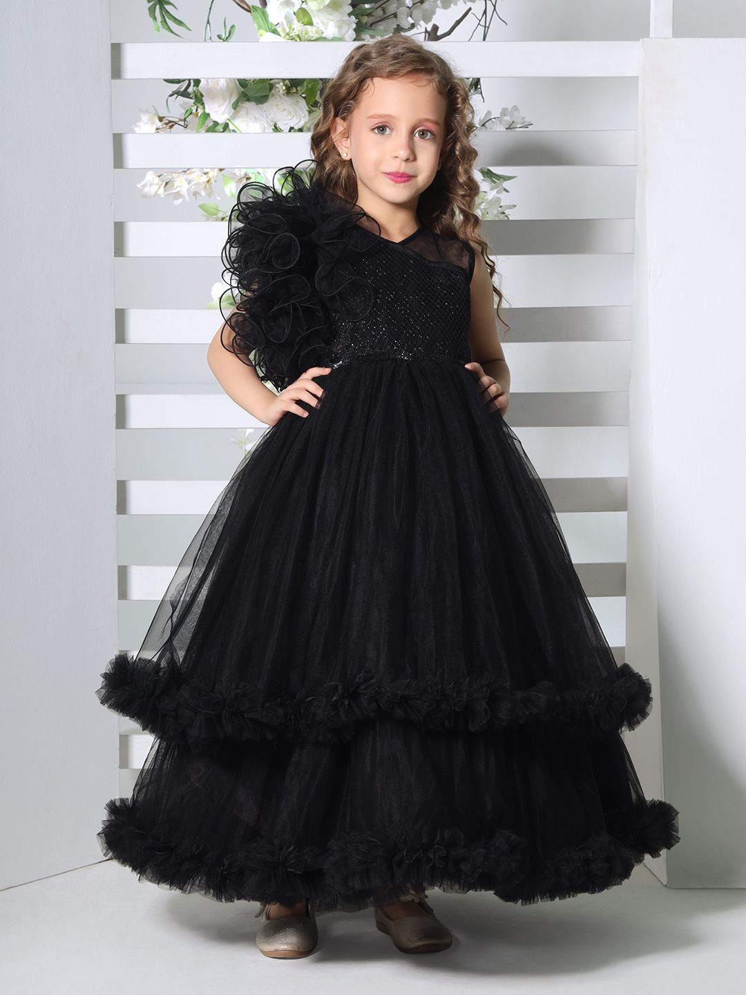 

Ministitch Girls Ruffled Net Maxi Dress, Black