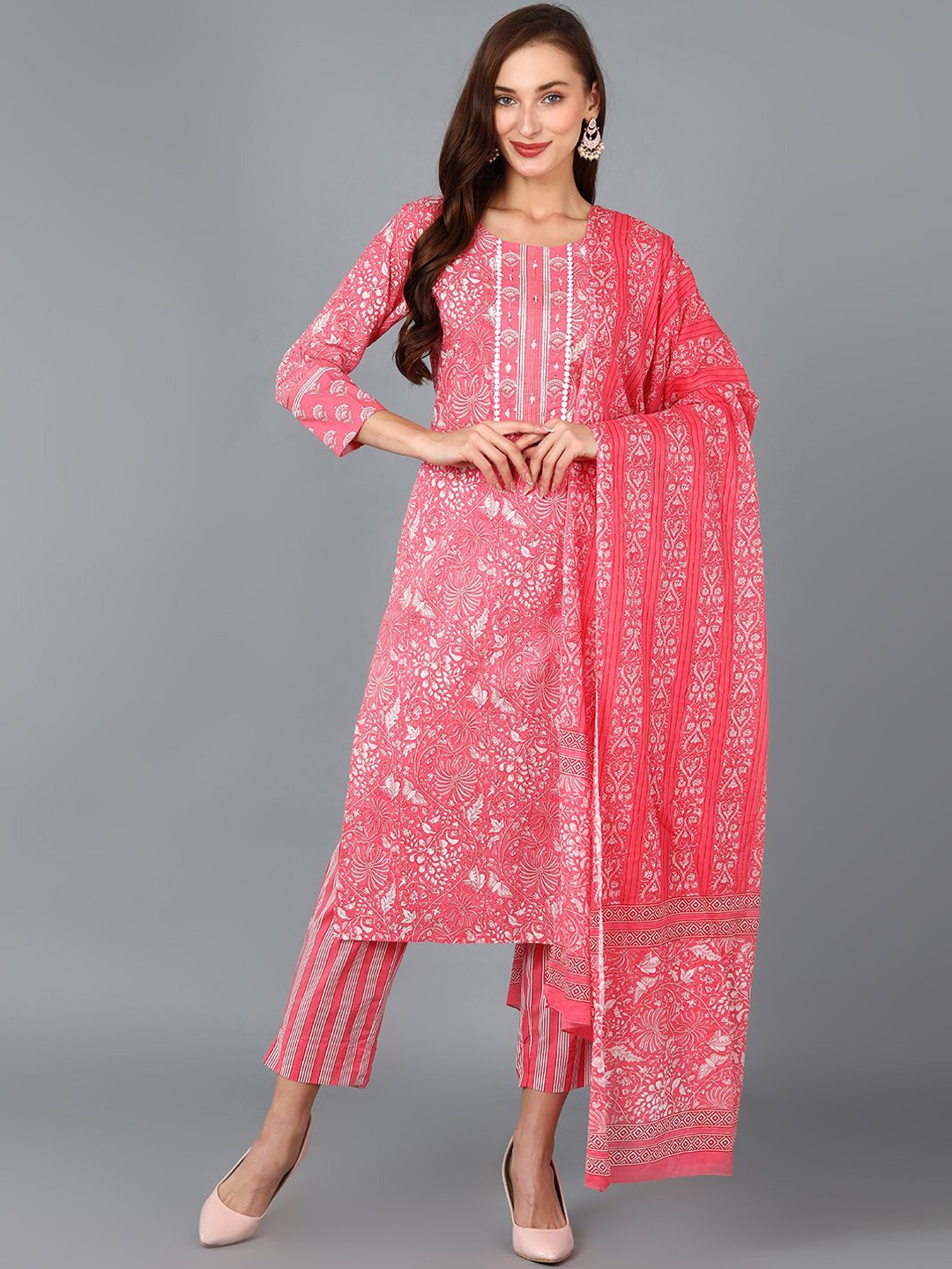 

AHIKA Floral Printed Thread Work Pure Cotton Straight Kurta with Trousers & Dupatta, Pink