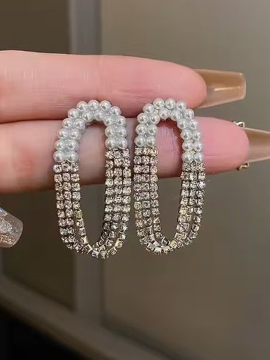 

ISHKAARA Silver-Plated Crystals Studded Oval Drop Earrings