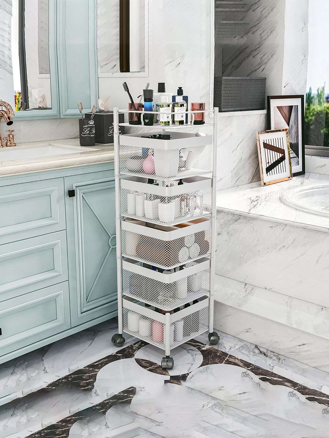 

Kuber Industries White 2 Pieces 5-Tier Multipurpose Storage Rack With Wheels