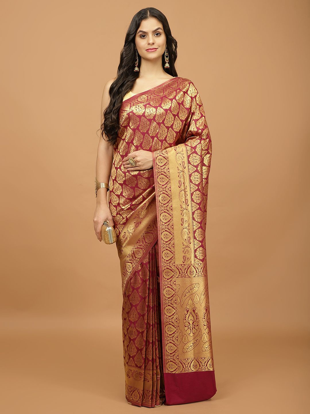 

Meena Bazaar Ethnic Motifs Woven Design Zari Saree, Burgundy