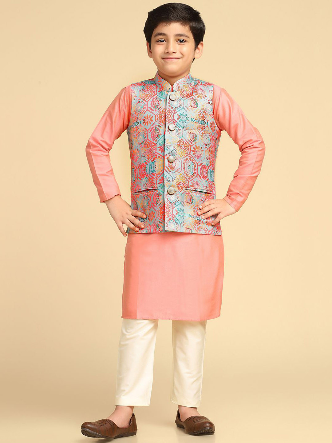 

KISAH Boys Printed Straight Kurta with Pyjamas, Peach
