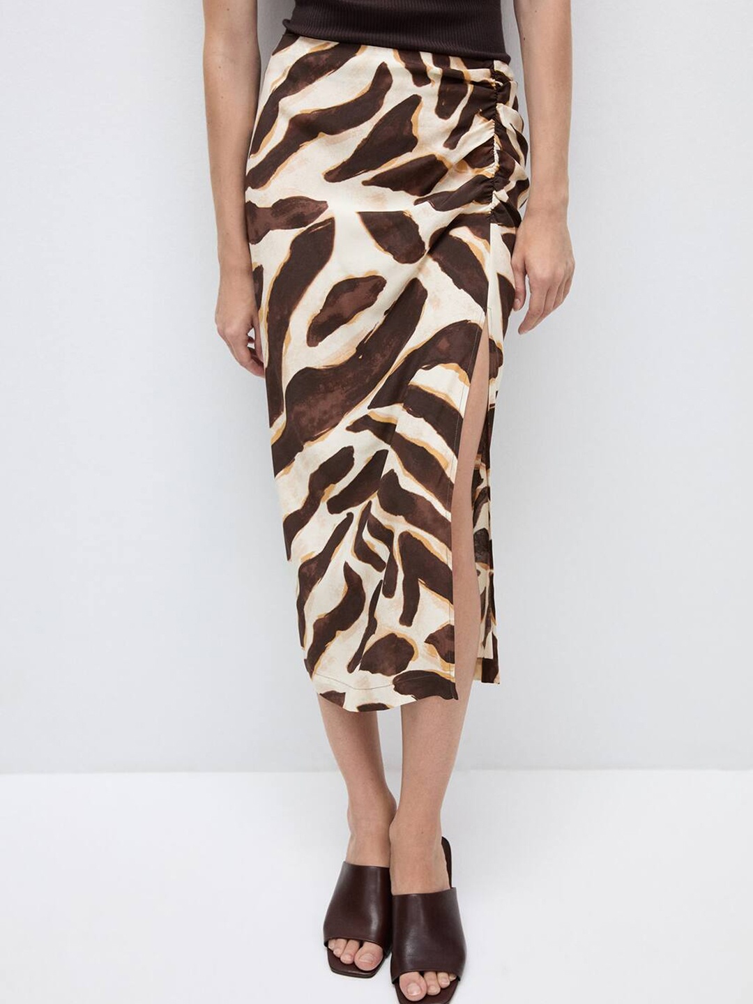 

MANGO Animal Print Slit-Detail Ruched Straight Skirt, Beige