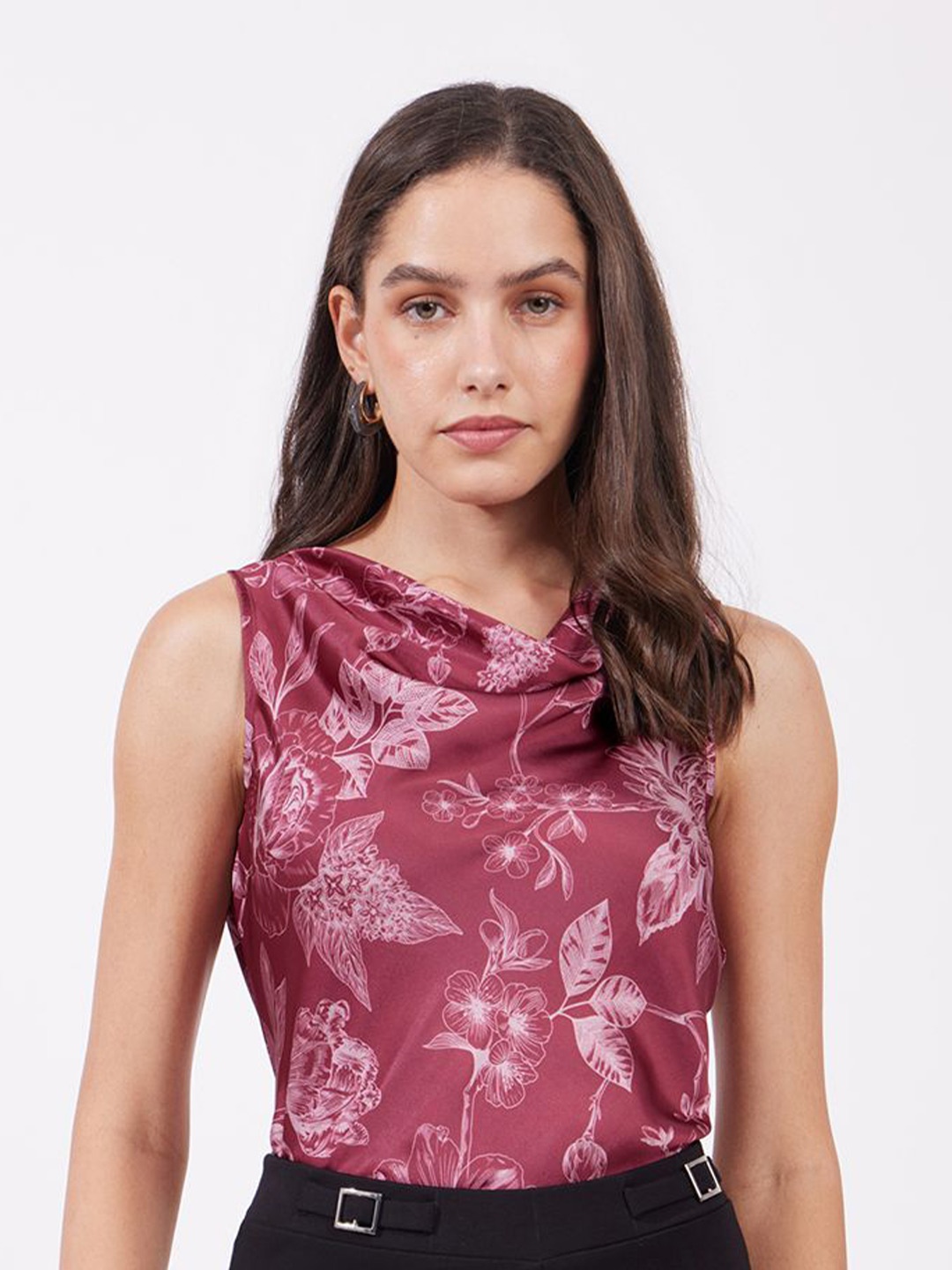 

FableStreet Women Floral Printed Cowl Neck Top, Red