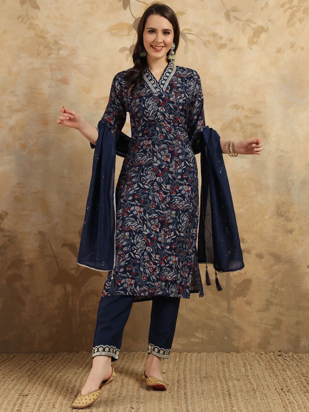 

KALINI Floral Printed V-Neck Sequinned Straight Kurta With Trousers & Dupatta, Navy blue