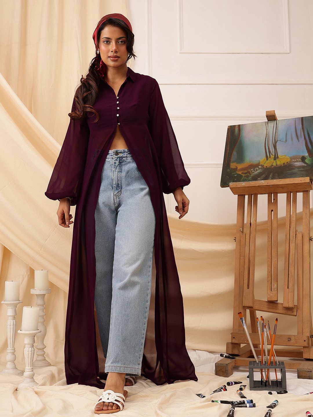 

QUIERO Shirt Collar Longline Shrug, Purple