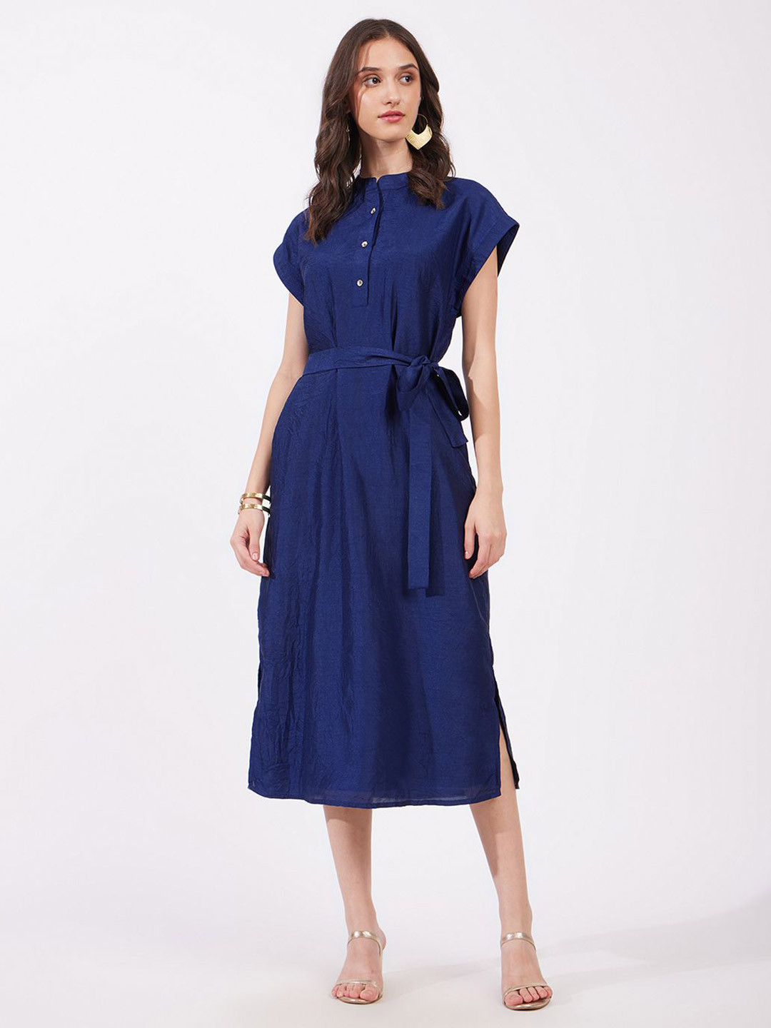 

FableStreet Women Solid Tie-Up A-Line Midi Dress, Navy blue