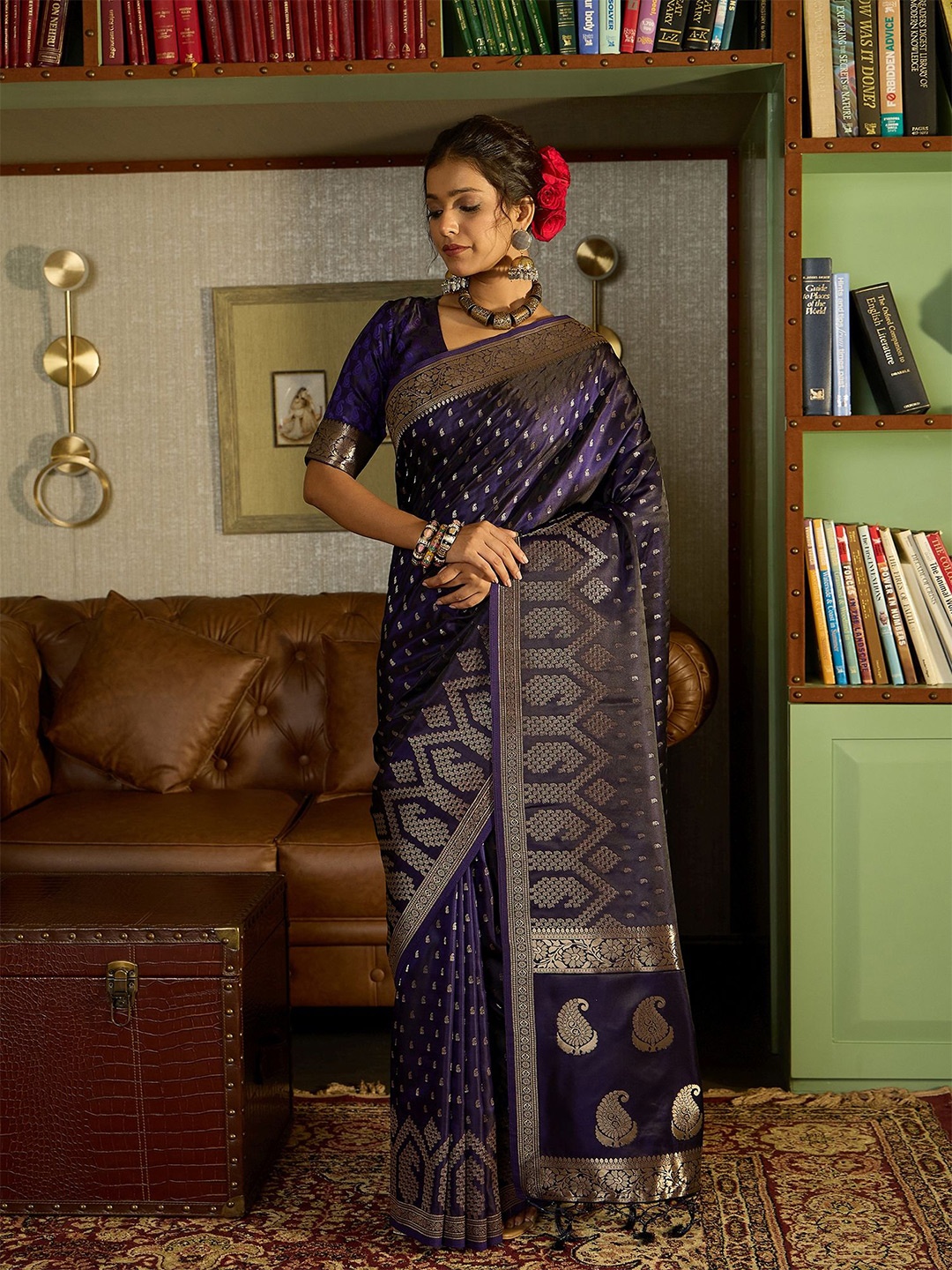 

Sangria Ethnic Motifs Woven Design Banarasi Sarees With Blouse Piece, Purple