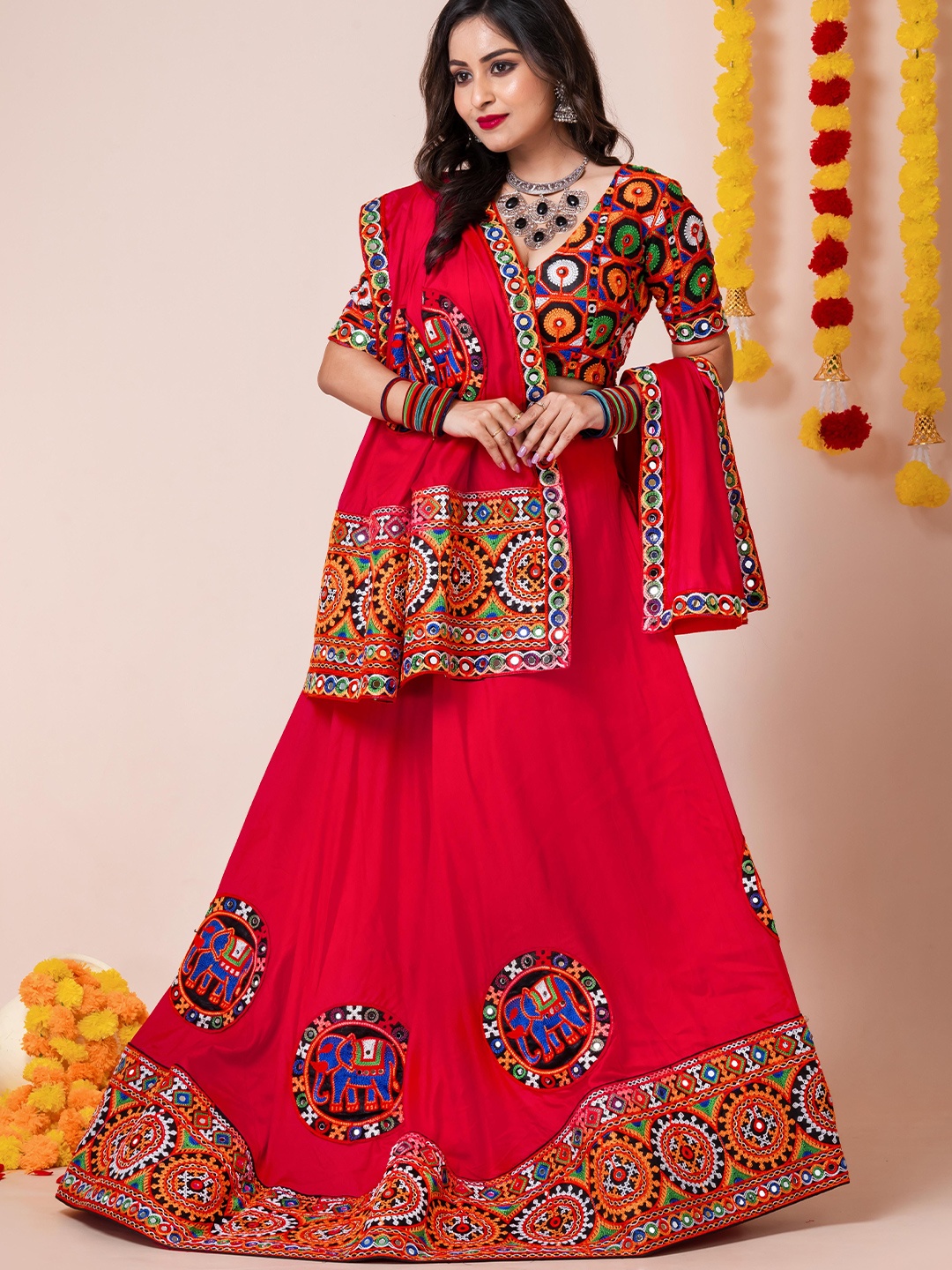 

Angroop Embroidered Mirror Work Semi-Stitched Lehenga & Unstitched Blouse With Dupatta, Red