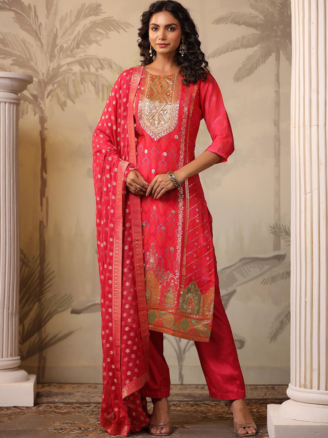 

Meena Bazaar Ethnic Motifs Printed Beads and Stones Kurta with Trousers & Dupatta, Pink