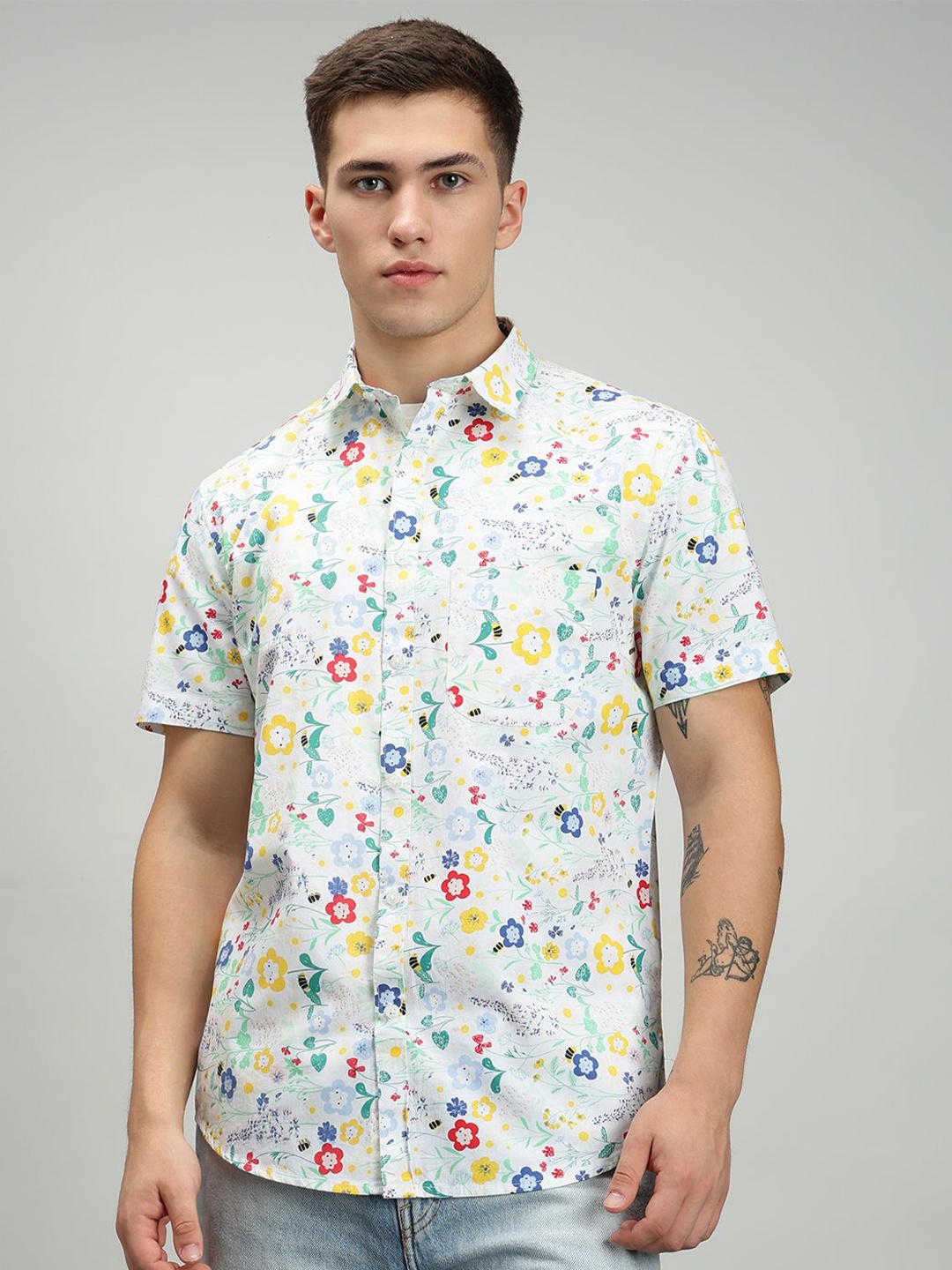 

MARC JOBBS Men Comfort Spread Collar Floral Printed Cotton Casual Shirt, White