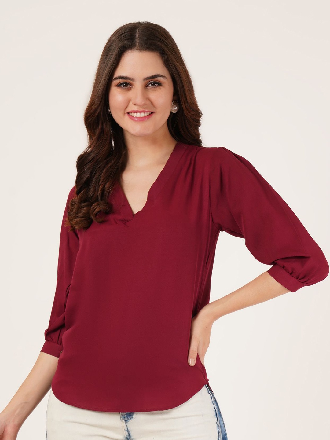 

Brownverse Women Solid V-Neck Top, Maroon