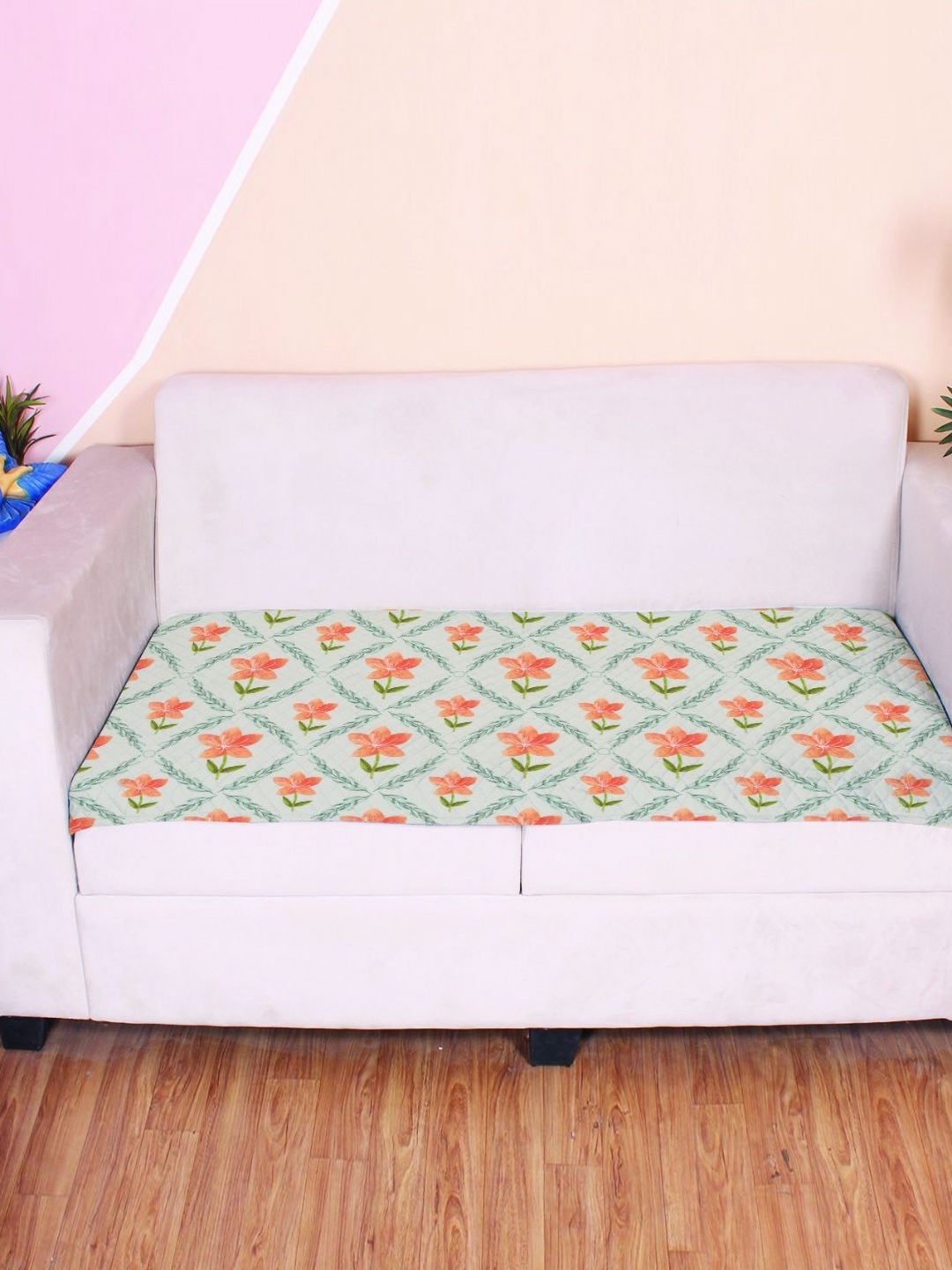 

STITCHNEST Orange & Green Floral Printed Velvet 2 Seater Anti Slip Sofa Cover