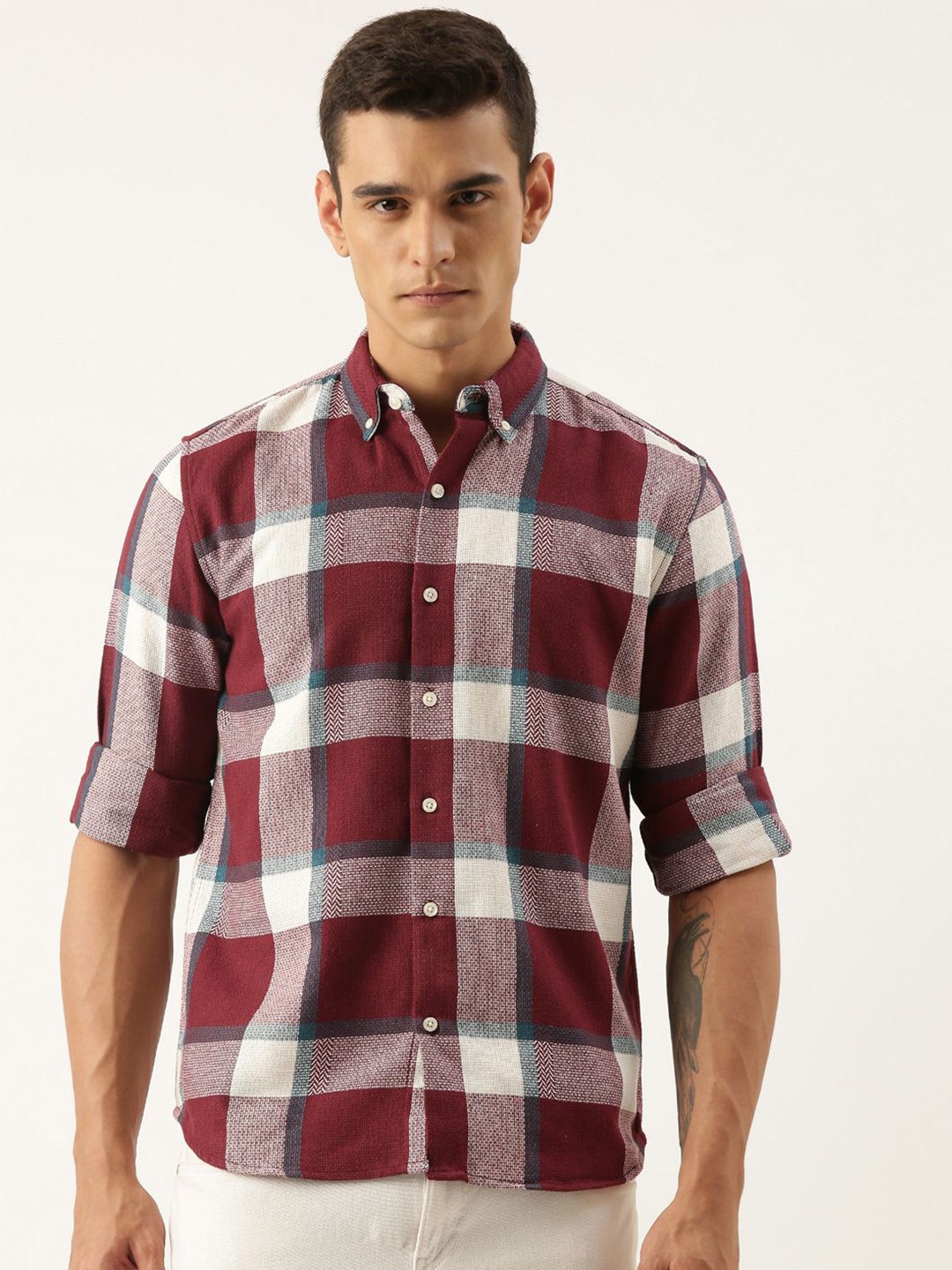 

ROLLER FASHIONS Men Button-Down Collar Buffalo Checked Cotton Slim Fit Casual Shirt, Maroon