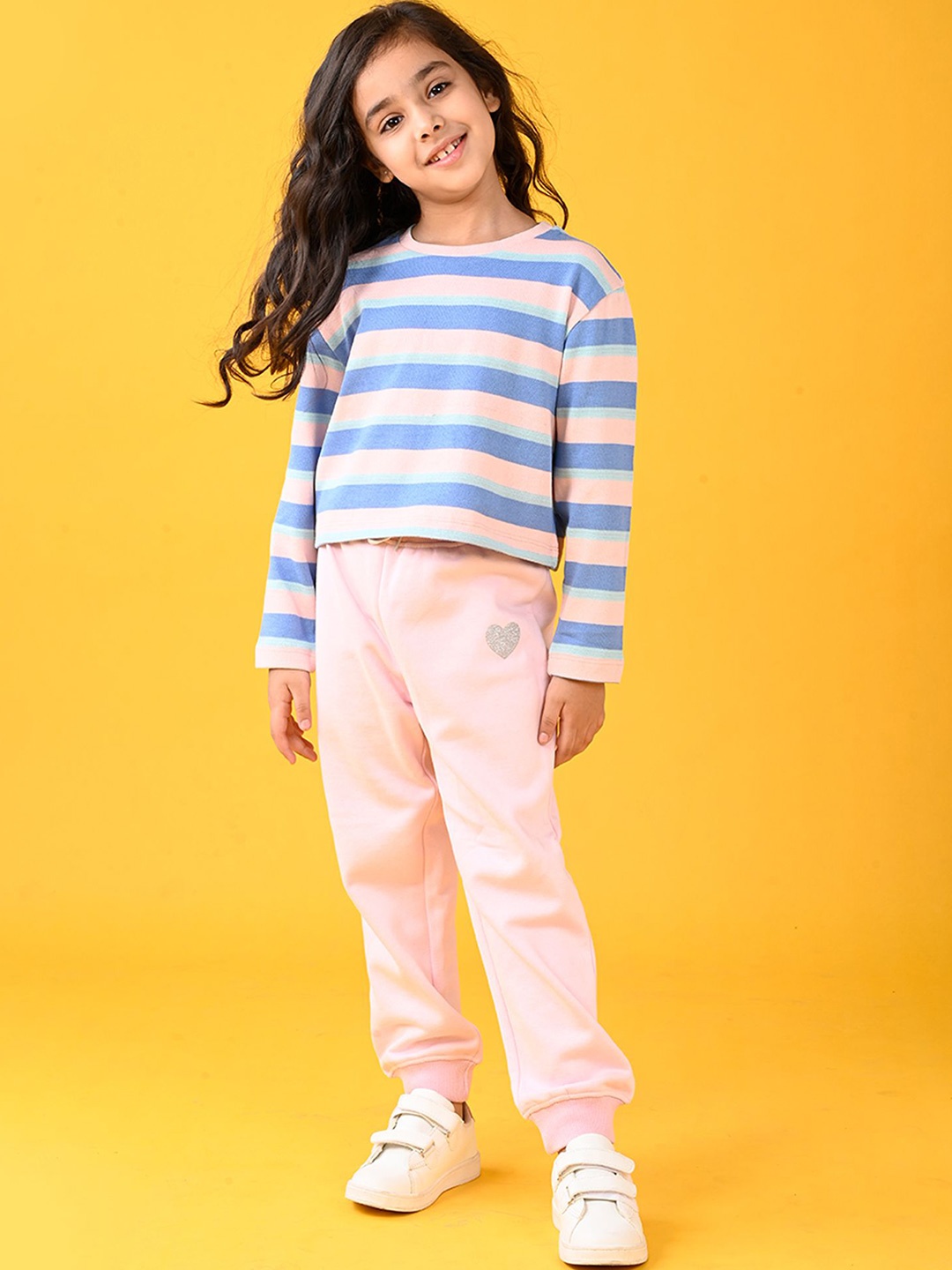 

Anthrilo Girls Striped Round Neck T-shirt With Joggers, Pink