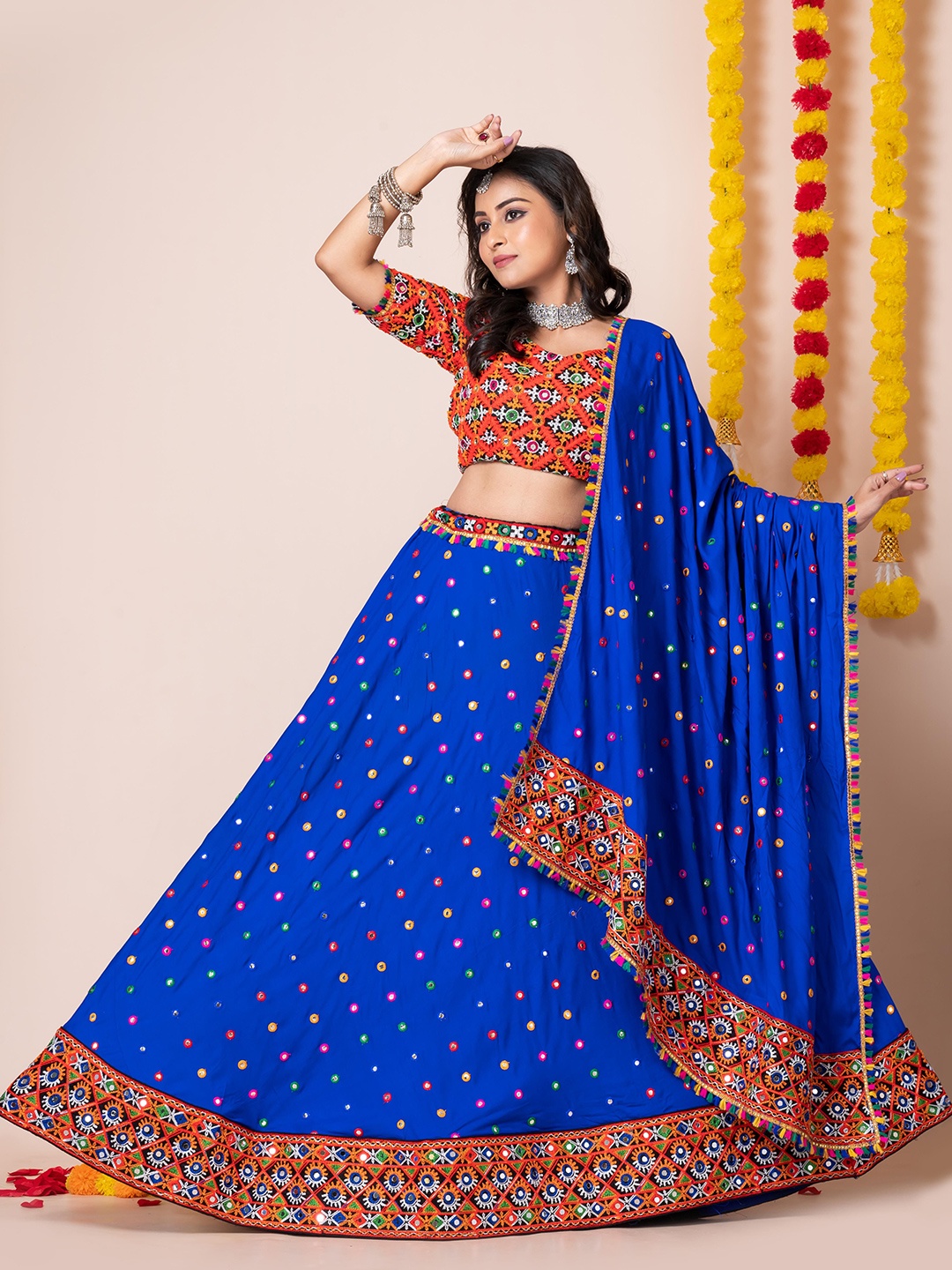 

Angroop Embroidered Mirror Work Semi-Stitched Lehenga & Unstitched Blouse With Dupatta, Blue
