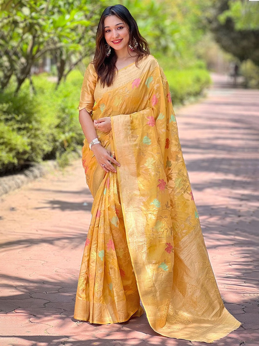 

Panzora Women Ethnic Motifs Zari Organza Saree, Yellow